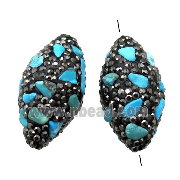 Clay barrel Beads paved rhinestone with Turquoise, rice