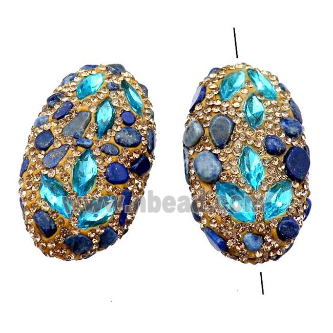 Clay oval Beads paved yellow rhinestone with blue crystal glass