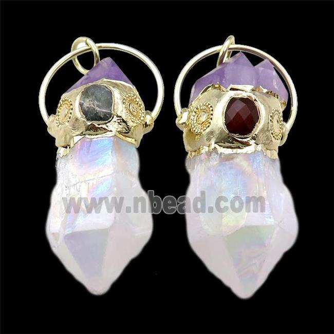 white Quartz Crystal pendant with amethyst, gold plated