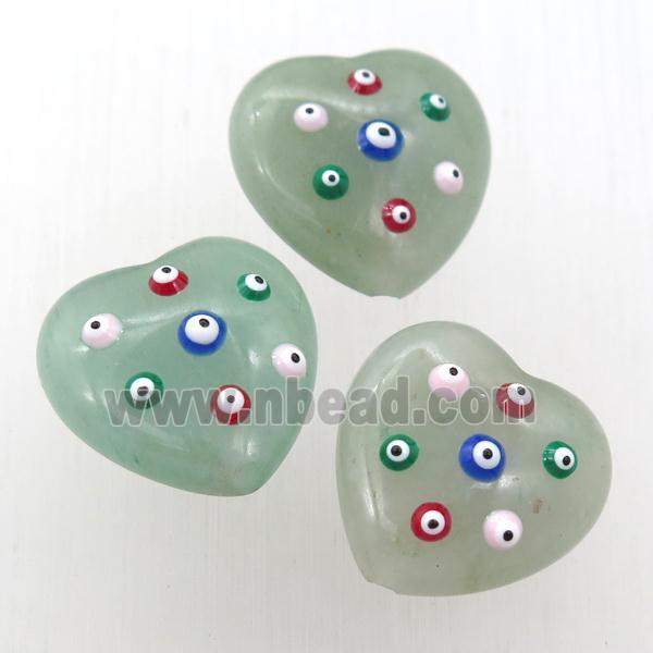 green Aventurine heart Beads with evil eye