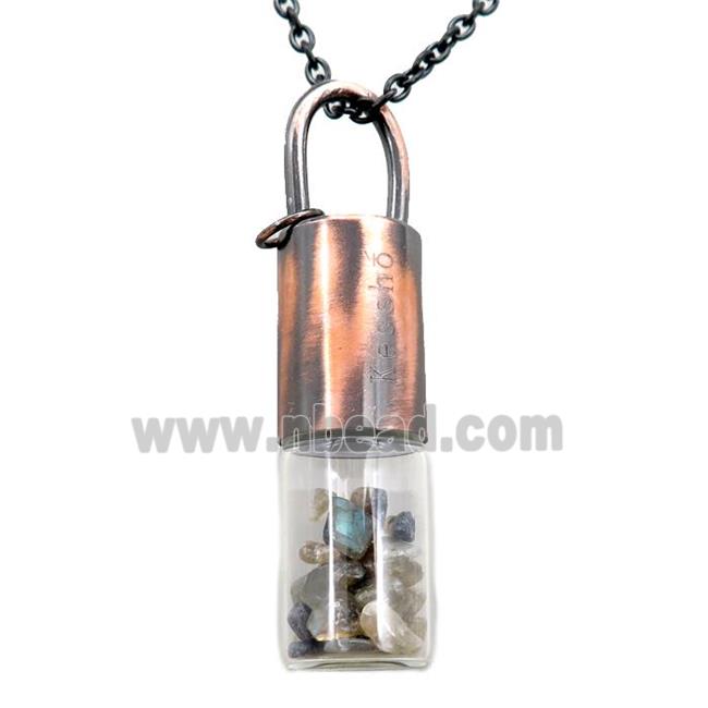 copper perfume bottle Necklace with labradorite, antique red
