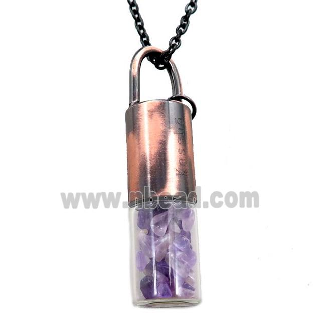 copper perfume bottle Necklace with amethyst, antique red