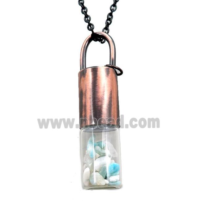 copper perfume bottle Necklace with amazonite, antique red