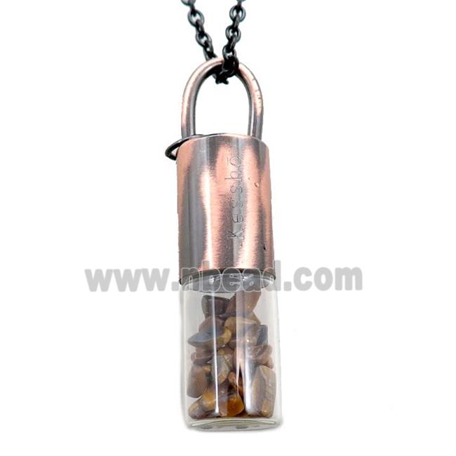 copper perfume bottle Necklace with tiger eye stone, antique red