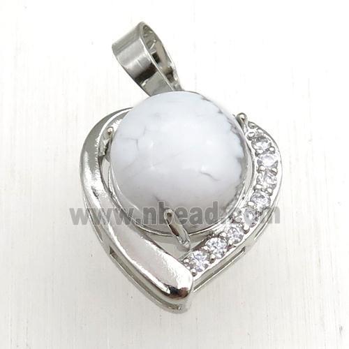 white howlite pendant paved rhinestone, heart, platinum plated