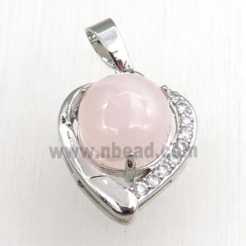 rose quartz pendant paved rhinestone, heart, platinum plated