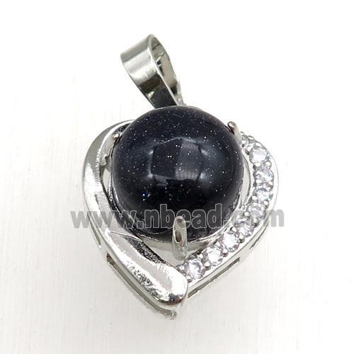 black onyx agate pendant paved rhinestone, heart, platinum plated