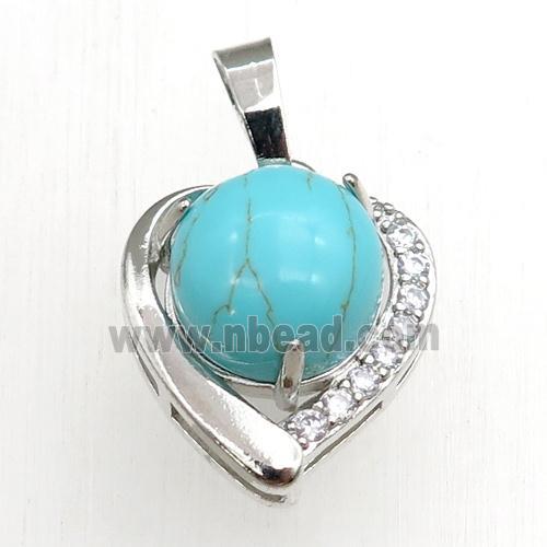 green synthetic turquoise pendant paved rhinestone, heart, platinum plated
