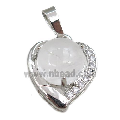 clear quartz pendant paved rhinestone, heart, platinum plated