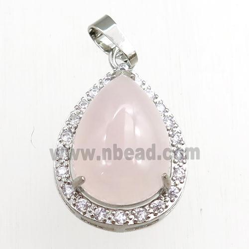 rose quartz pendant paved rhinestone, teardrop, platinum plated