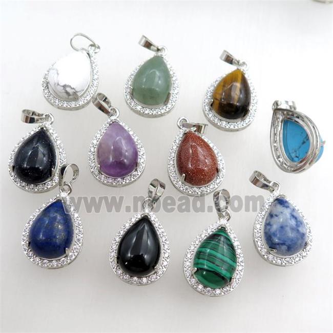mix gemstone pendant paved rhinestone, teardrop, platinum plated