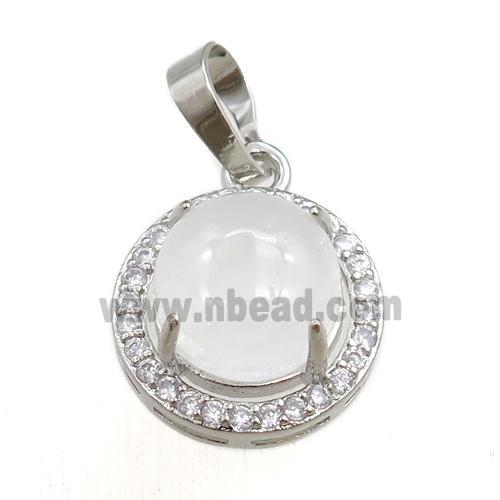 clear quartz pendant paved rhinestone, circle, platinum plated