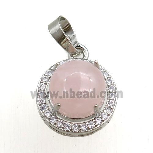 rose quartz pendant paved rhinestone, circle, platinum plated