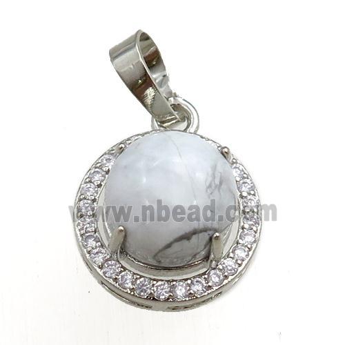 white howlite turquoise pendant paved rhinestone, circle, platinum plated