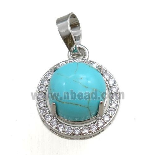 green synthetic turquoise pendant paved rhinestone, circle, platinum plated