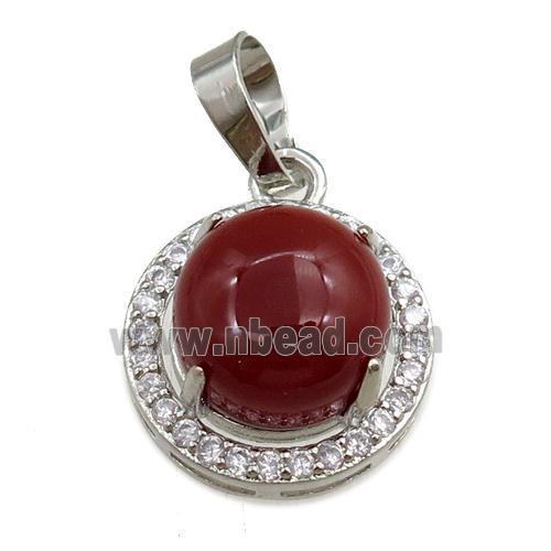 red carnelian agate pendant paved rhinestone, circle, platinum plated