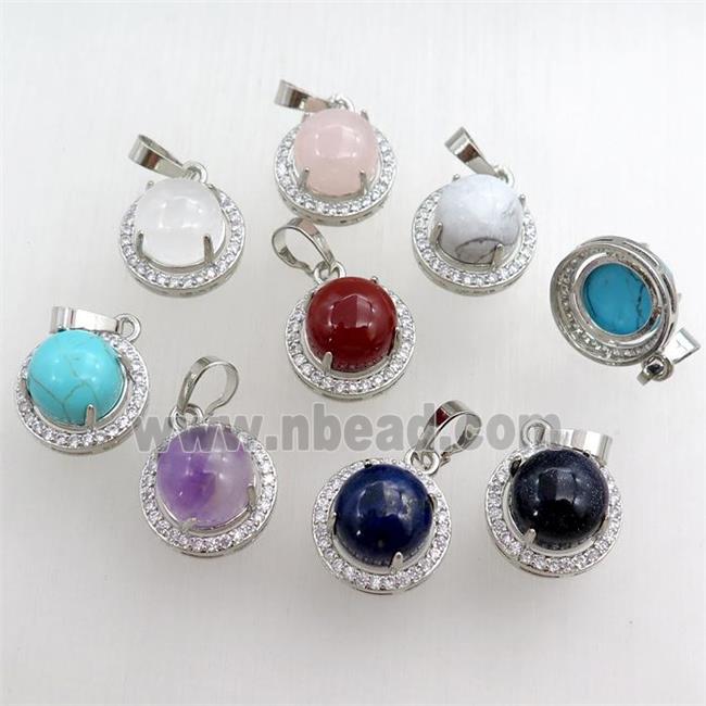 mixed gemstone pendant paved rhinestone, circle, platinum plated