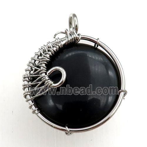 black onyx agate pendant, circle, wire wrapped