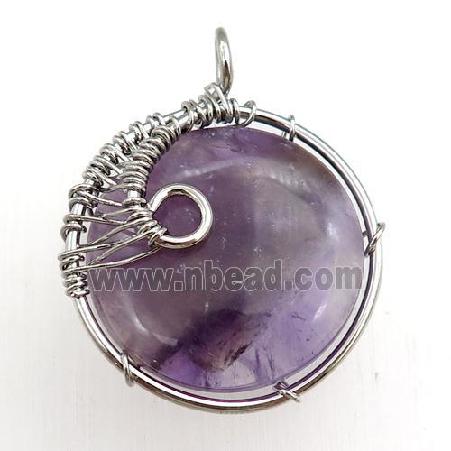 amethyst pendant, circle, wire wrapped