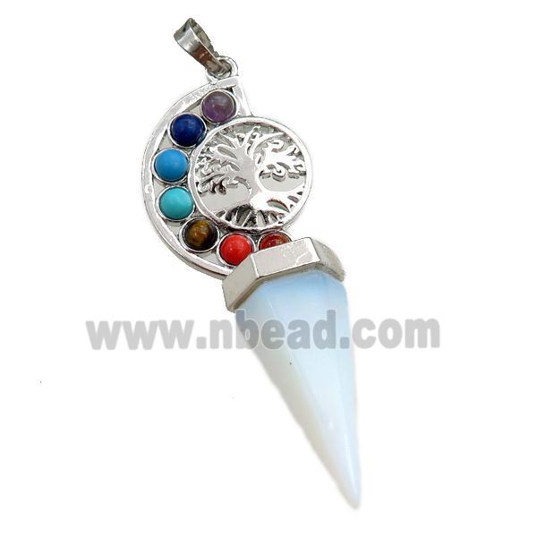 white opalite chakra pendulum pendant, tree of life, platinum plated