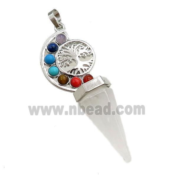 clear quartz chakra pendulum pendant, tree of life, platinum plated