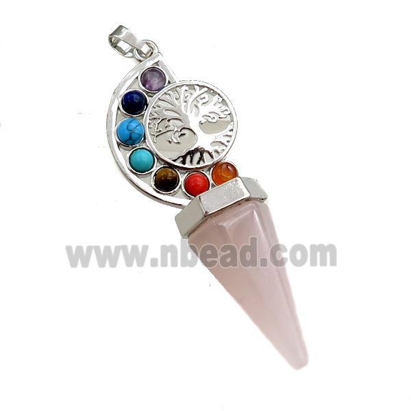 rose quartz chakra pendulum pendant, tree of life, platinum plated