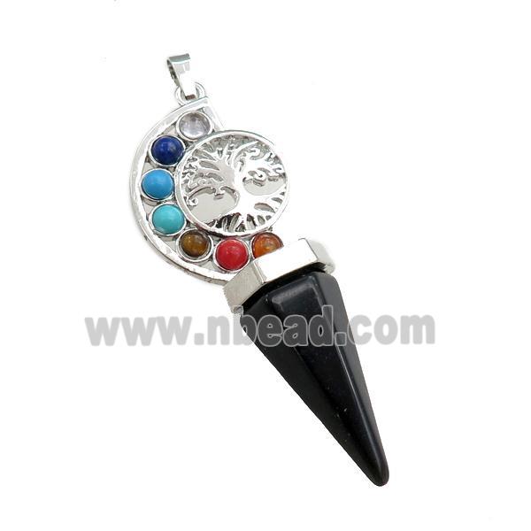 black onyx agate chakra pendulum pendant, tree of life, platinum plated