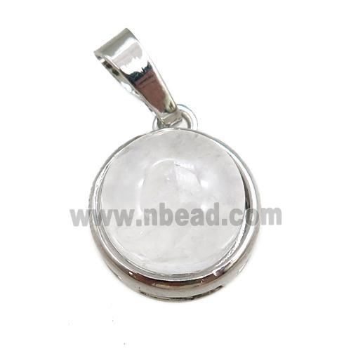 clear quartz pendant, circle, platinum plated