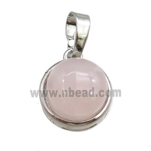 rose quartz pendant, circle, platinum plated