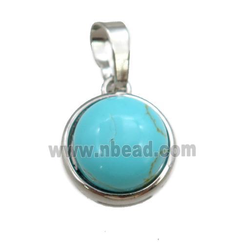 green synthetic turquoise pendant, circle, platinum plated