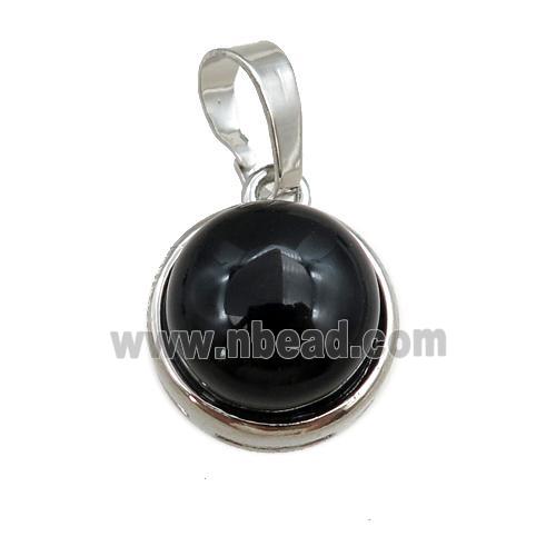 black onyx agate pendant, circle, platinum plated