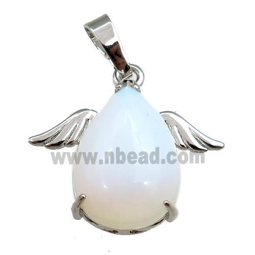 white opalite angel pendant, platinum plated