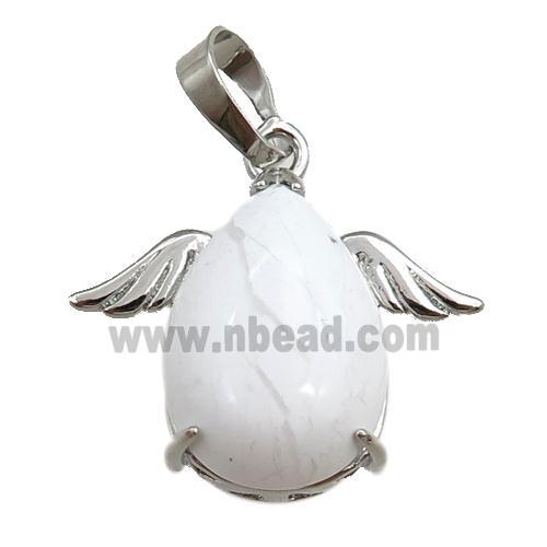 white howlite turquoise angel pendant, platinum plated