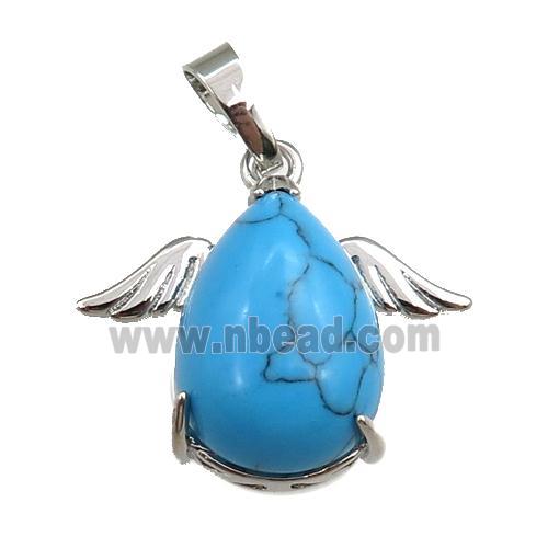 blue synthetic turquoise angel pendant, platinum plated