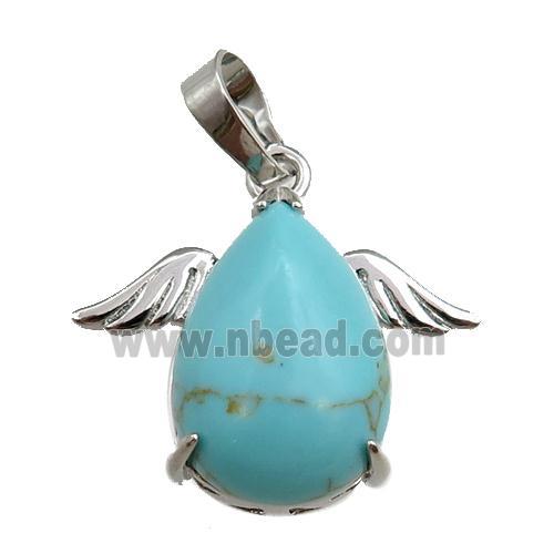 green synthetic turquoise angel pendant, platinum plated