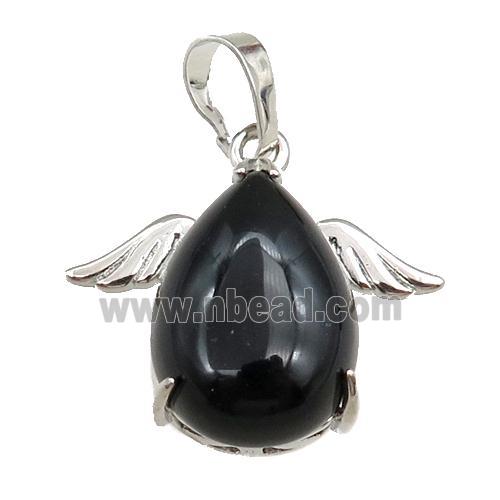 black onyx agate angel pendant, platinum plated