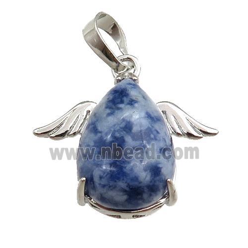 blue sodalite angel pendant, platinum plated