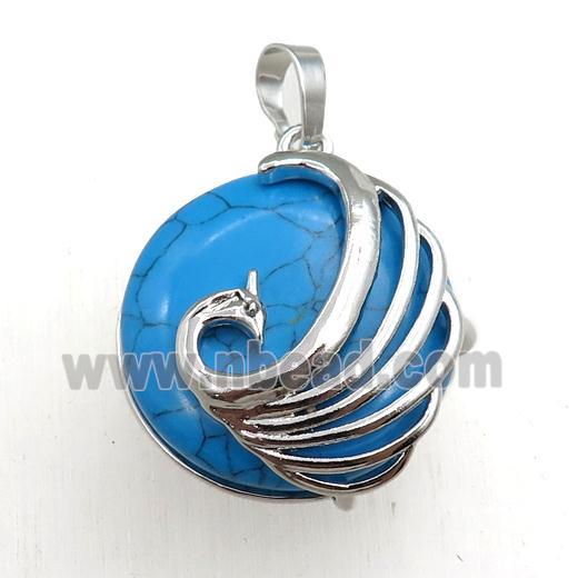 blue synthetic turquoise circle pendant with phoenix