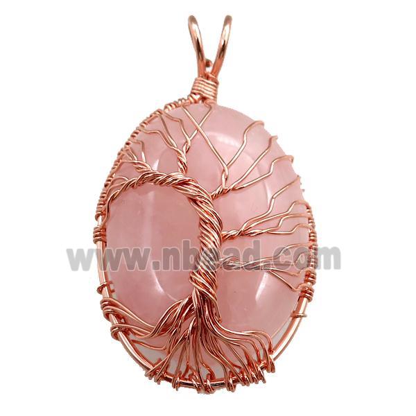 rose quartz oval pendant with tree of life, wire wrapped