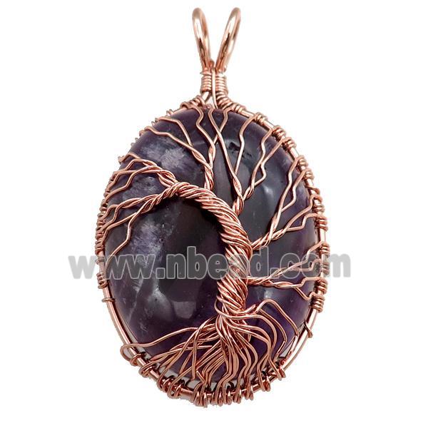 amethyst oval pendant with tree of life, wire wrapped, darkpurple