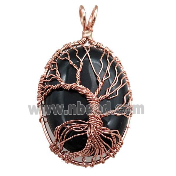 black onyx agate oval pendant with tree of life, wire wrapped