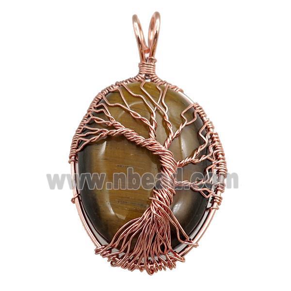 tiger eye stone oval pendant with tree of life, wire wrapped