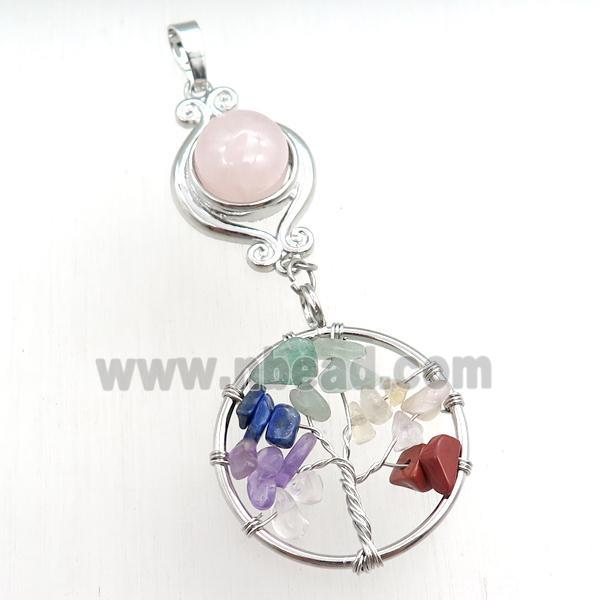 rose quartz chakra pendant with tree of life