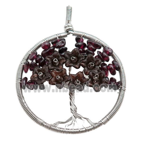 garnet pendant, tree of life, wire wrapped