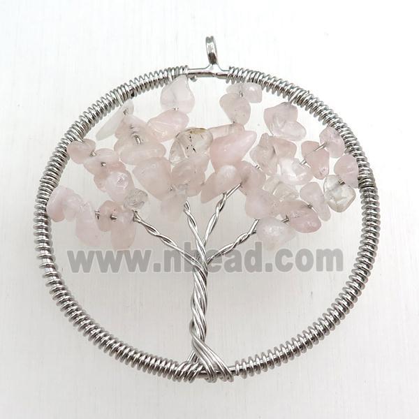 rose quartz pendant, tree of life, wire wrapped