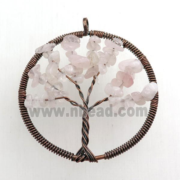 rose quartz pendant, tree of life, wire wrapped
