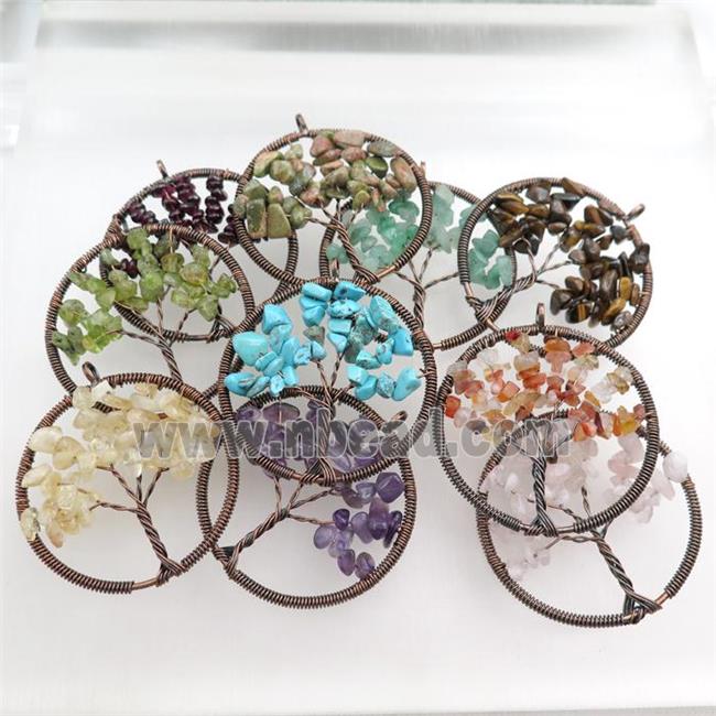 mixed gemstone pendant, tree of life, wire wrapped