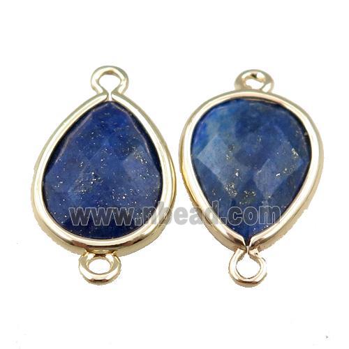 blue Lapis Lazuli connector, faceted teardrop, gold plated