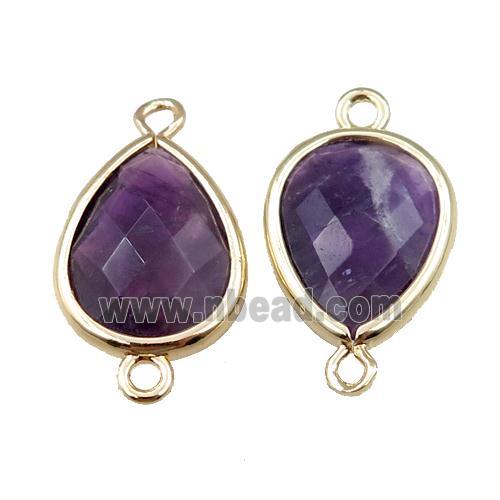 purple Amethyst connector, faceted teardrop, gold plated