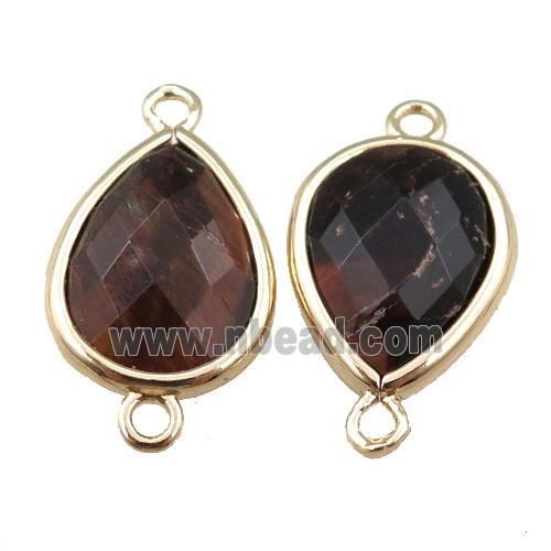 red Tiger eye stone connector, faceted teardrop, gold plated